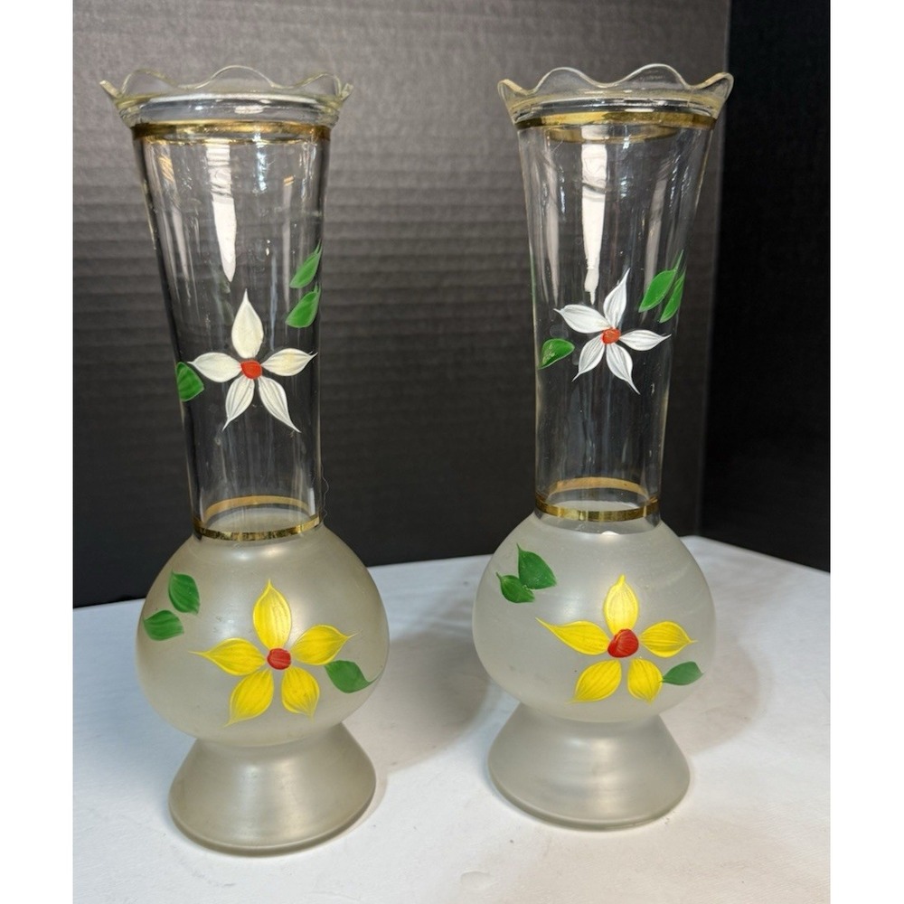 2 VINTAGE  BARTLETT COLLINS FROSTED AND CLEAR GLASS VASES HANDPAINTED FLOWERS